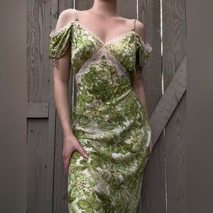 Anthropologie green and white floral lace maxi slip dress